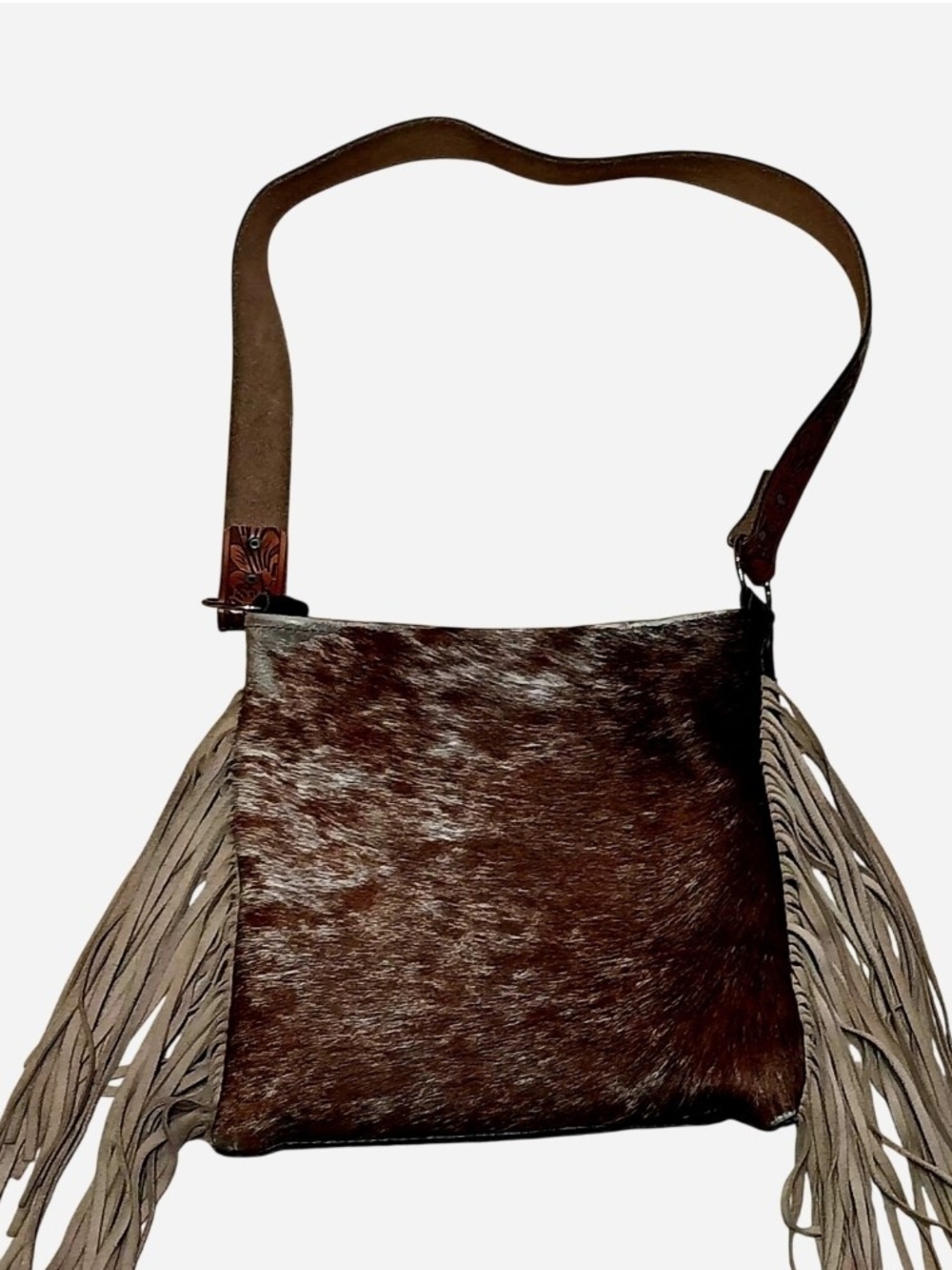 Brown Cowhide And Leather Fringe Crossbody Bag - Women's Shoulder Bag
